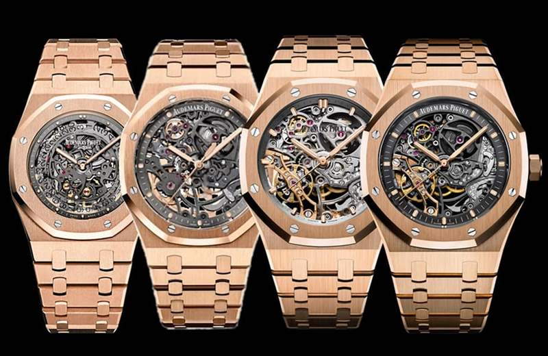 Watchanalytics挑出了四款現(xiàn)役或停產的皇家橡樹玫瑰金鏤空表觀察它們的行情發(fā)展。 （AUDEMARS PIGUET官網(wǎng)）
