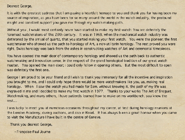 FP Journe 致喬治·丹尼爾斯 (George Daniels) 的一張便條伴隨著特別的 Chronometre Souverain 腕表。