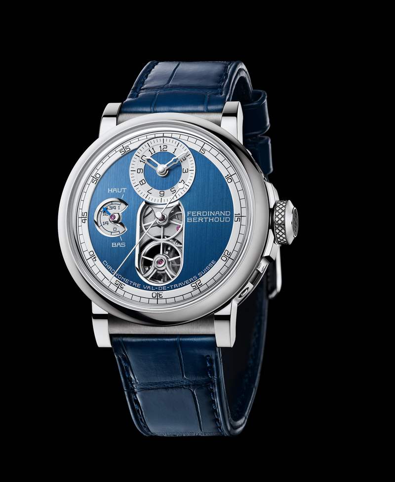 Chronomètre FB 2T精密時(shí)計(jì)系列，型號(hào)FB 2T.1（18K白金款搭配藍(lán)色緞面表盤）（圖片來源：Chronométrie Ferdinand Berthoud）